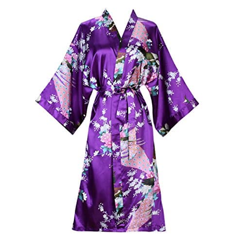 ELLENWELL Women's Kimono Robe Peacock & Blossoms Satin Nightwear Long(Larage,Purple)