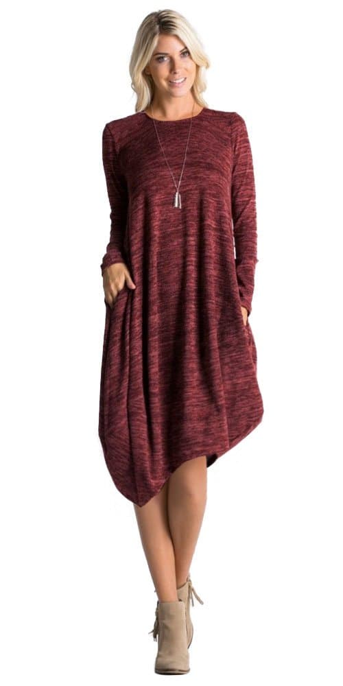 Tabeez Women's Casual Long Sleeve Loose Asymmetrical Heathered Tulip Bubble Sweater Midi Dress