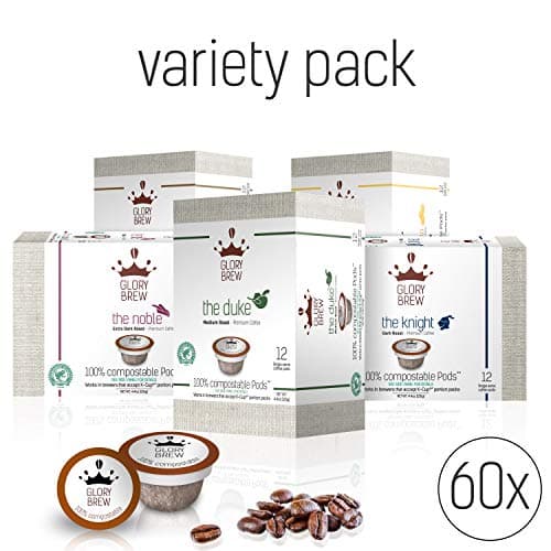 GLORYBREW 60 Count Premium Compostable Coffee Pods for Keurig K-Cup Brewers I Variety Pack w Flavors Vanilla Hazelnut Espresso | Better than Biodegradable Coffee Pods I Medium & Dark Roasted Coffee