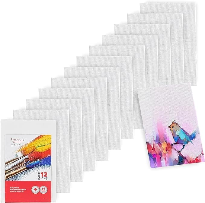 Canvases for Painting - Pack of 12, 4 x 6 Inch Blank White Canvas Boards - 100% Cotton Art Panels for Oil, Acrylic & Watercolor Paint