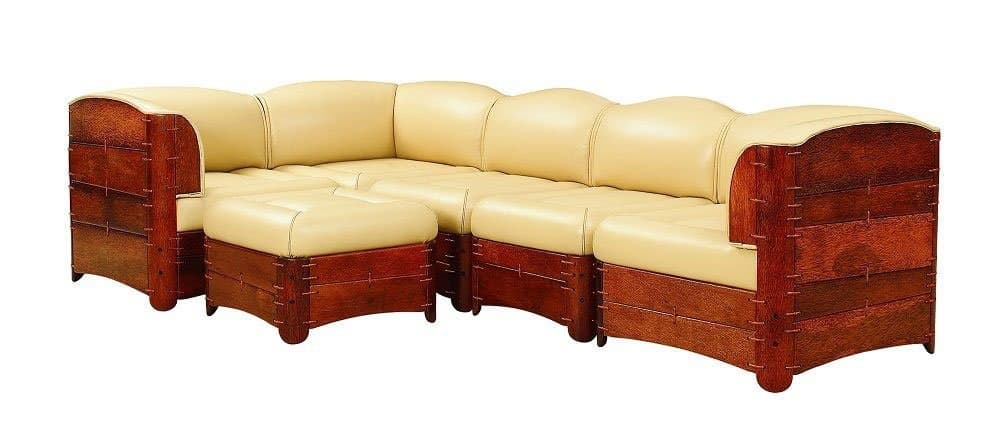 5 Piece sectional sofa cream soft Italian leather exotic wood steel frame