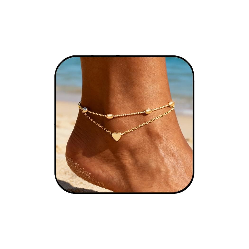 Layered Anklets Women Heart Silver Ankle Bracelet Charm Beaded Dainty Foot Jewelry for Women Summer Barefoot Beach Anklet