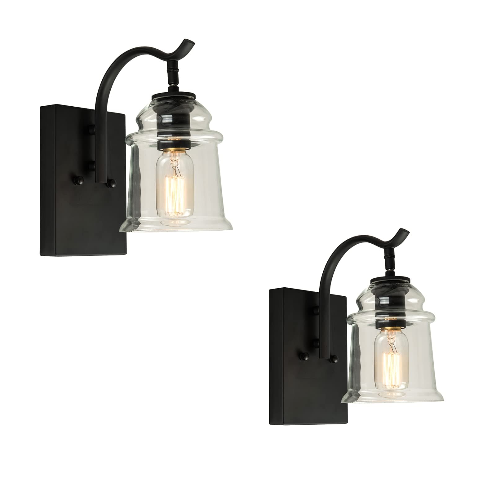 Maxax Glass Wall Sconce Set of 2, Industrial Vintage Wall Lights with Clear Glass Shade, Indoor Decor Metal Wall Mount Lighting, E26 Base, for Farmhouse, Bathroom, Bedroom, Living Room, Black