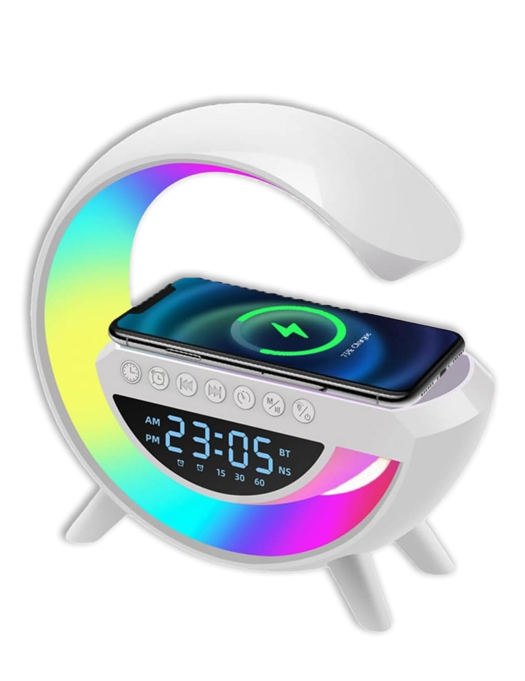 Atmosphere Lamp with 15W Wireless Charger Led Alarm Clock Dimmable Ambient Light Smart Table Lamp with Bluetooth Speaker Dazzling Running Lights 13 Modes Lights for Adults Kids Office Bedroom (White)