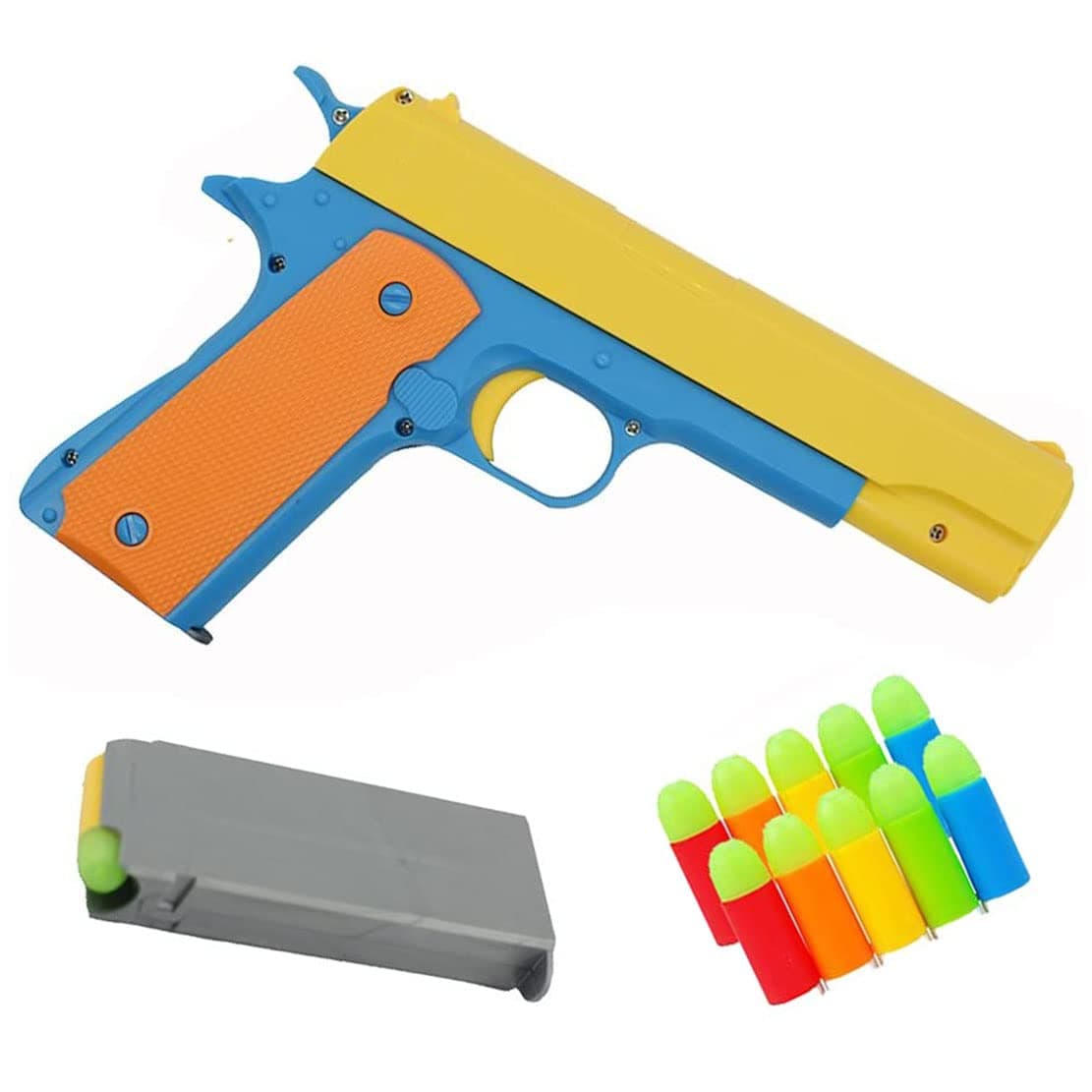 AngelReally Classic Colt 1911 Toy Gun,Realistic Size Gun,10 Colorful Soft Bullets Ejecting Magazine Slide Action Barrel,Training, Cosplay, Play Blue Kid (Classic Colt 1911 Toy Gun)