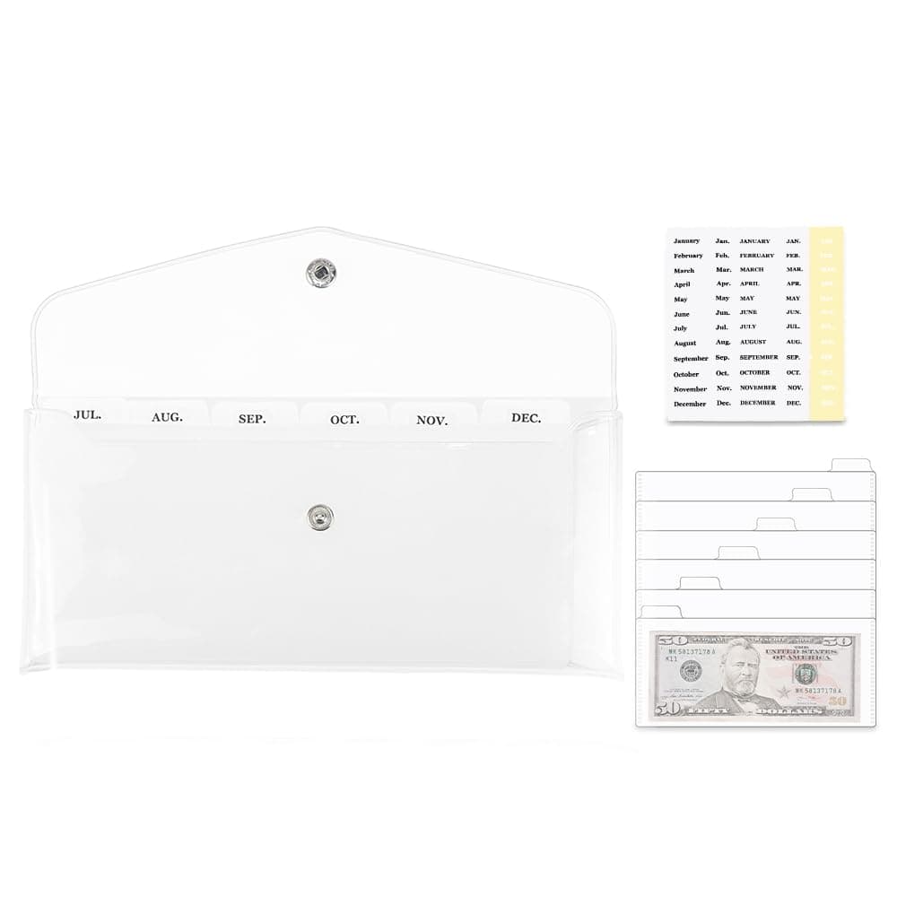 Cash Envelope Wallet, Clear Budget Wallet 6pcs Money Divider with Pockets and 2pcs Label Stickers Set for Bill Receipt Cash Organizer Holder System (Clear)