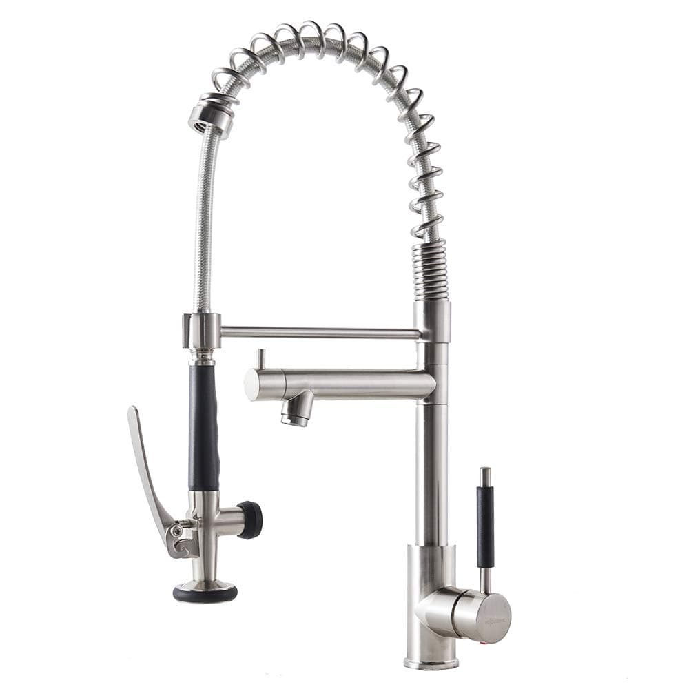 VCCUCINE Modern Solid Brass Single Lever High Arch 2 Spouts Pull Out Sprayer with Lock Silver Brushed Nickel Kitchen Faucet, Stainless Steel Kitchen Sink Faucets
