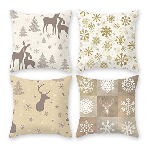 IMANDALE Christmas Decorative Cushion Covers Funda para Cojines De Navidad 18''x18'' Reindeer Pillow Cases Set of 4 for Home, Dorm, Office and Car(White&Beige)