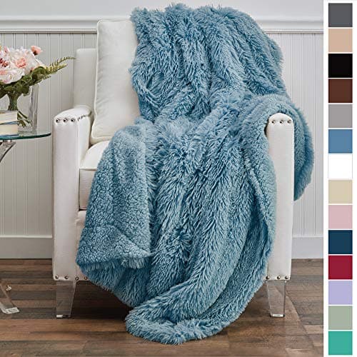 The Connecticut Home Company Shag with Sherpa Reversible Throw Blanket, Super Soft, Large Plush Wrinkle Resistant Blankets, Warm Hypoallergenic Washable Couch or Bed Throws, 65x50, Slate Blue