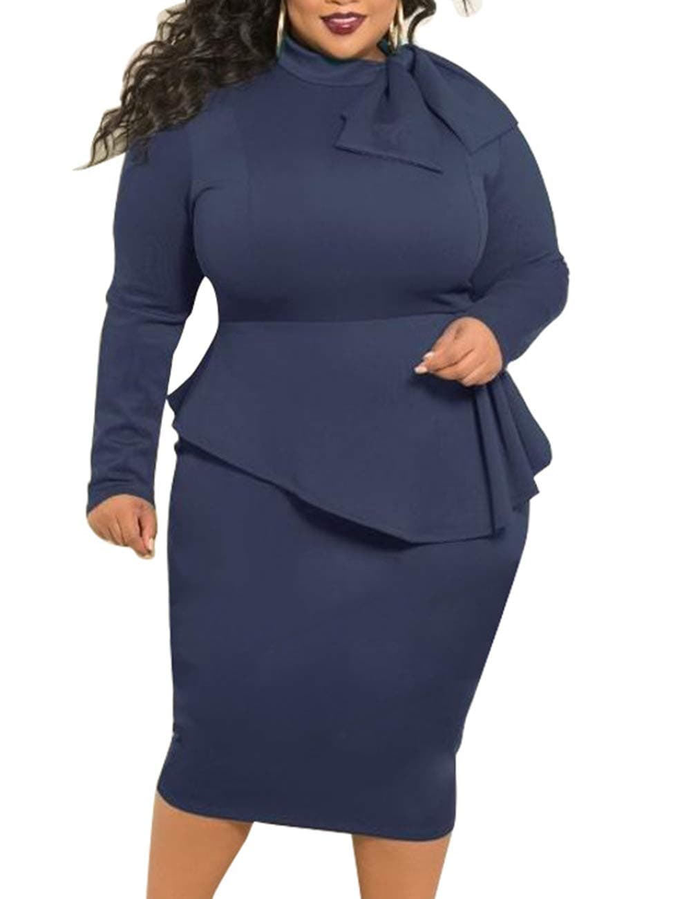 SEMATOMALAWomen’s Tie Bowknot Neck Long Sleeve Peplum Knee Length Party Office Business Bodycon Plus Size Dress