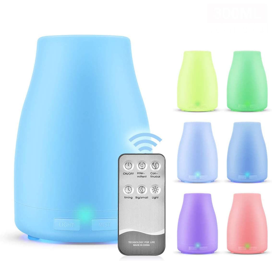 300ml Essential Oil Diffusers, HFAN Aromatherapy Remote Air Diffusers Humidifiers with 7 Colorful LED Lights, Adjustable Mist Mode, BPA-Free, Waterless Auto Shut-Off for Home,Yoga,Office,Spa,Bedroom