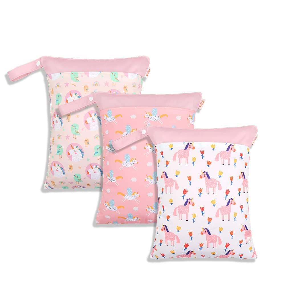 Wet Dry Bags for Baby Cloth Diapers - Waterproof Reusable Washable Travel Bags, Gym Bag, Pool, Daycare Soiled Baby Items Yoga Gym Bag for Swimsuits & Wet Clothes 3pcs/set（Pink&Unicorn)