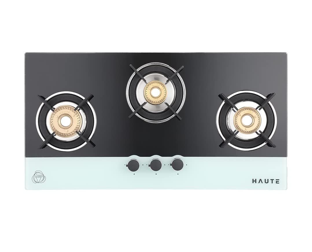 Haute Evoque Series Black & White 3 Burner Cooktop | Manual Ignition Gas Stove | Glass Top -1 Jumbo, 1 Medium, 1 small -freestanding toughened glass premium design - 2 Year Warranty