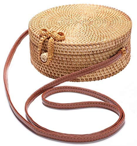 XMLMRYHandwoven Round Rattan Bag Shoulder Leather Straps Natural Chic Hand