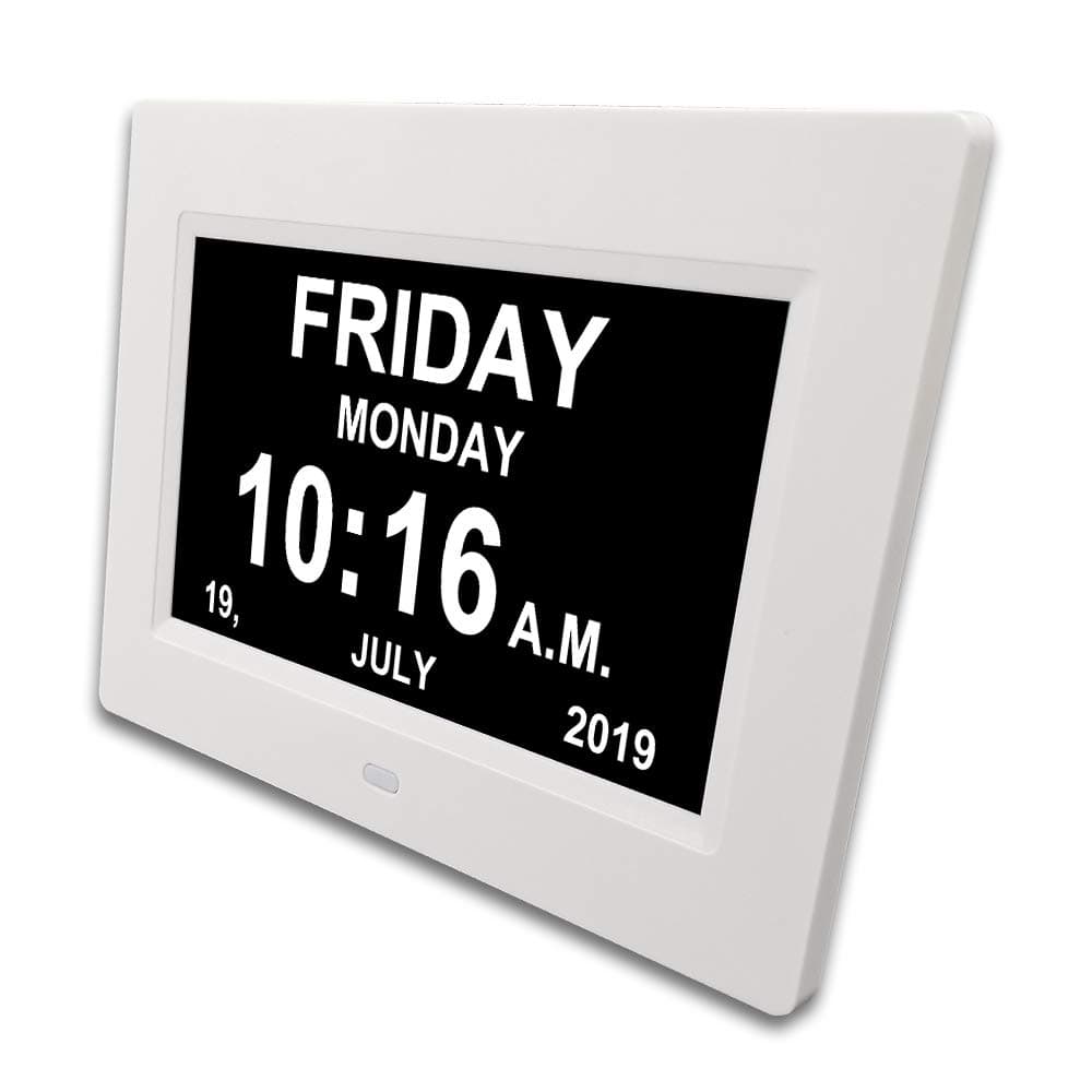 Uwant Mall Digital Day Calendar Alarm Clock-12 Alarms,Non-Abbreviated Day & Month Memory Loss,Dementia,Alzheimer's Vision Impaired Clock for Elderly/Seniors (7'' White)
