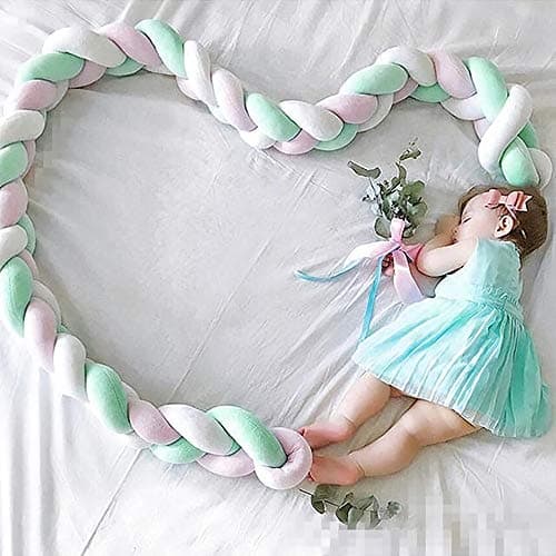Infant Soft Pad Braided Crib Bumper Knot Pillow Cushion Cradle Decor for Baby Girl and Boy (White-Rose-Green, 79")