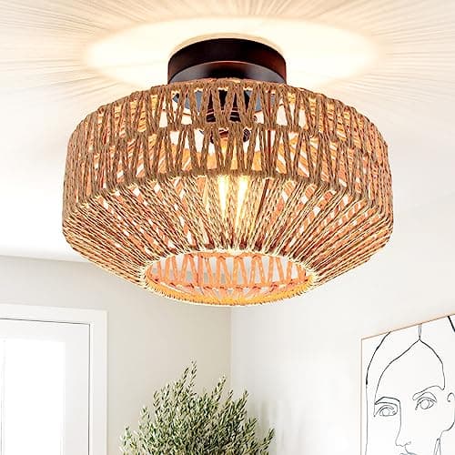 Boho Rattan Light Fixtures - Semi Flush Mount with Hand-Woven Shade for Bedroom, Kitchen, Livingroom Entryway
