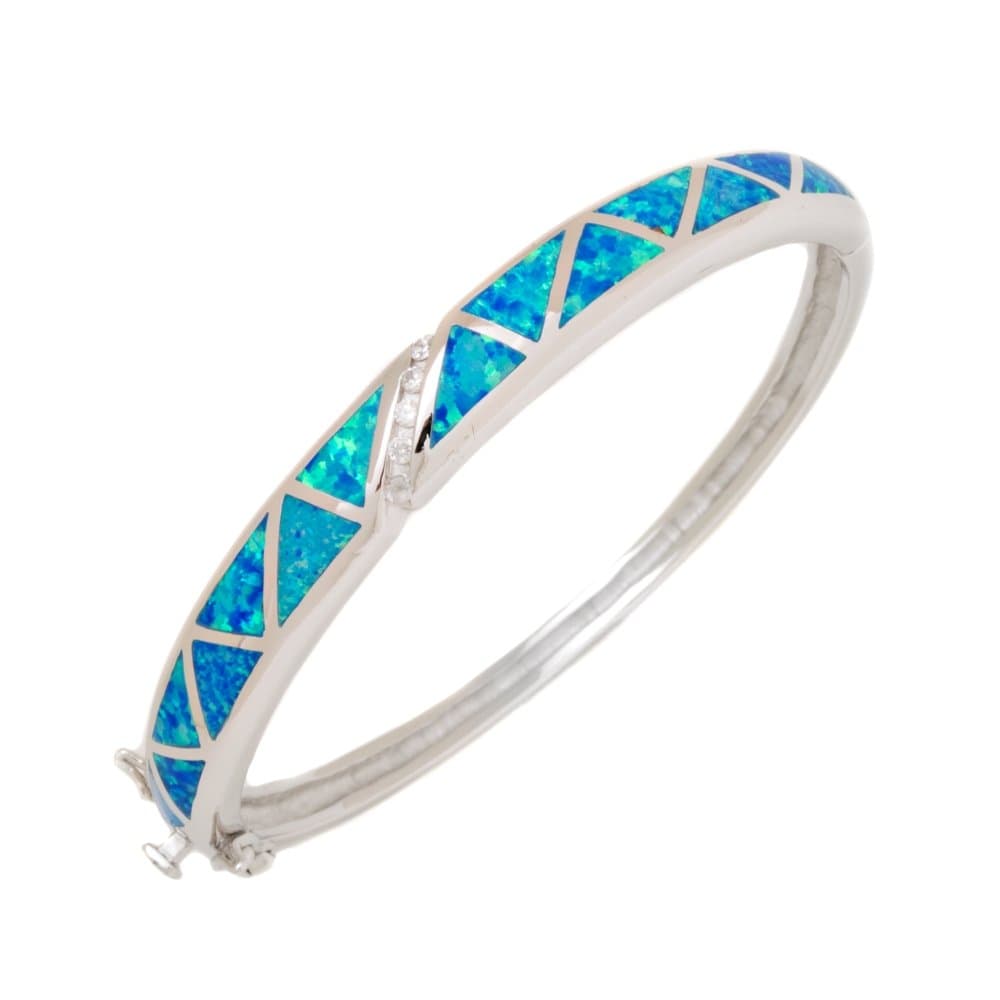Sterling Silver Opal Inlay With Cz Accents Alluring Bangle Bracelet