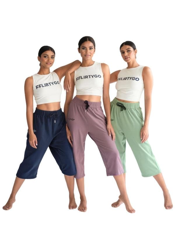 Fflirtygo Women's Cotton Plain Calf Length Capri | Nightwear Pyjama | 3/4th Solid Pyjama Pant | Casual wear & Lounge Wear Capri Combo (Pack of 3)