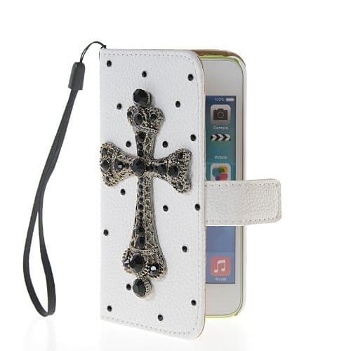 PUNKPHONE (TM) New Style Handmade Bling Rhinestone Crystal Flip White Leather Wallet Card Pouch Stand Case Cover for Apple Iphone 5c, 5 / 5s, 4 /4s, Samsung Glaxy S3 I9300, Samsung Glaxy S4 I9500 - (Samsung Glaxy s3 I9300, Black Cross)