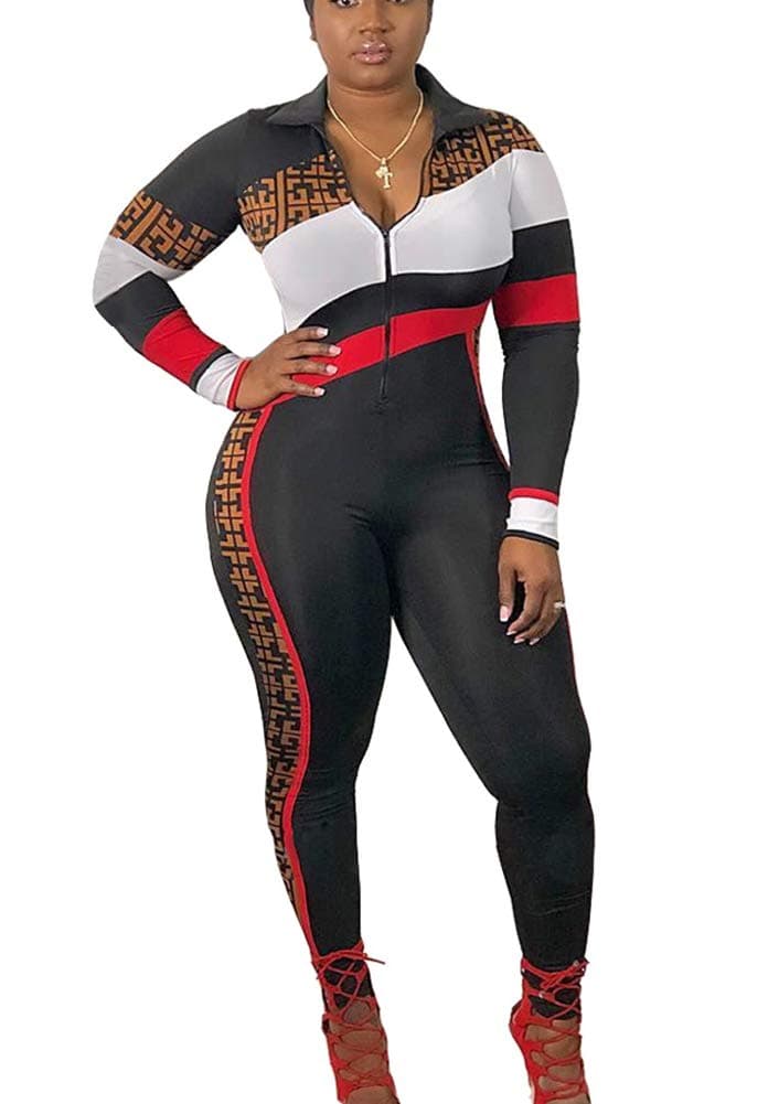 Bluewolfsea Women's One Piece Color Block Striped Bodycon Zipper Jumpsuit Skinny Romper Playsuit Long Sleeve Medium Black