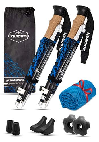 Equipeak Collapsible Folding Hiking & Trekking Sticks - 2 Aluminum Walking Poles with Real Cork & EVA Handle Grip Set - Ultra Strong Locking - for Men & Women