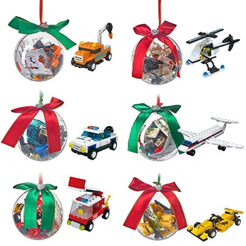 Christmas Ornament filled with Building Brick blocks toys, 6 Ornaments different bricks to build Airplane helicopter police Fire construction race car, Stocking Stuffers Xmas Gifts for Kids boys girls