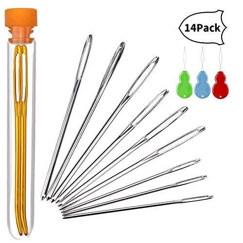Bent Tapestry Needles and Large-Eyes Blunt Steel Darning Yarn Stitching Needles Sewing Needles, Bonus 3 Threaders,14 Packs