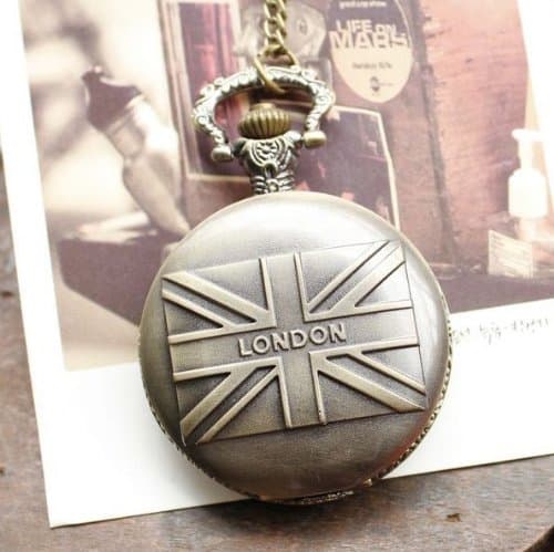 Enreach Vintage Style London Great Britain Flag Pattern Pocket Watch in Antique Bronze Finish DH107 (Big Size)