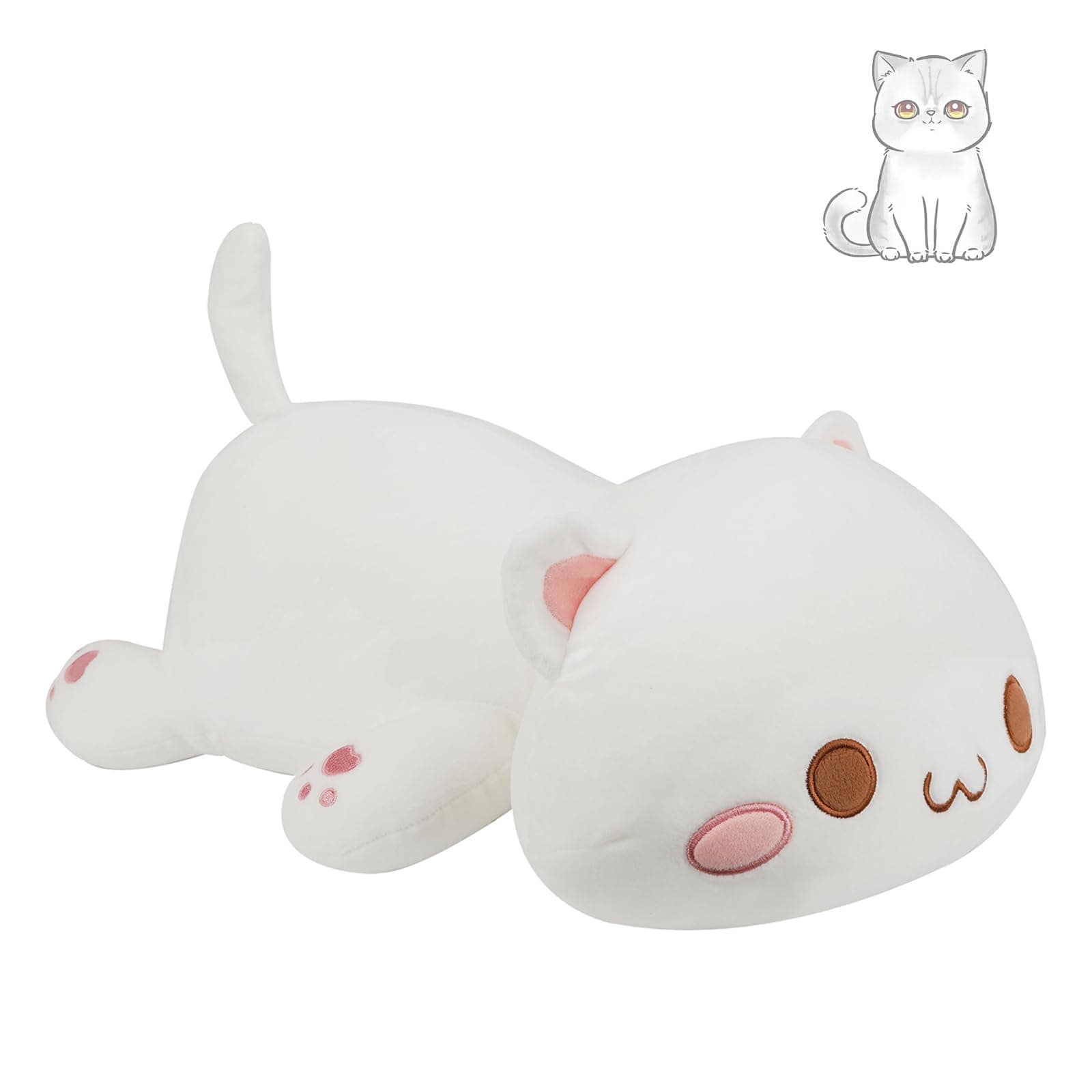 AFAN Cat Stuffed Animals Plush Cute Soft Cat Plush Pillow Toys Kawaii Plushies Room Decor Gifts for Kids Girls Boys (Round Eyes, White, 13.7 Inch)