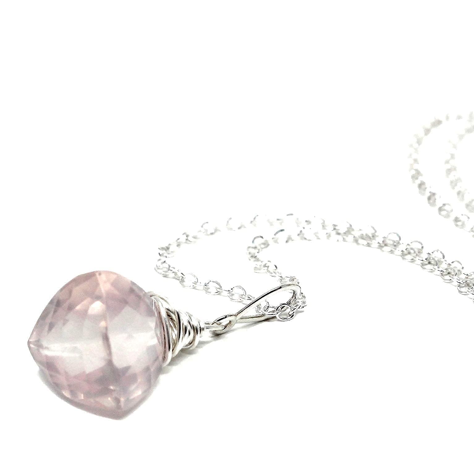 Trilliant Rose Quartz Necklace Pink Pyramid Pendant Drop Sterling Silver 18 Inches