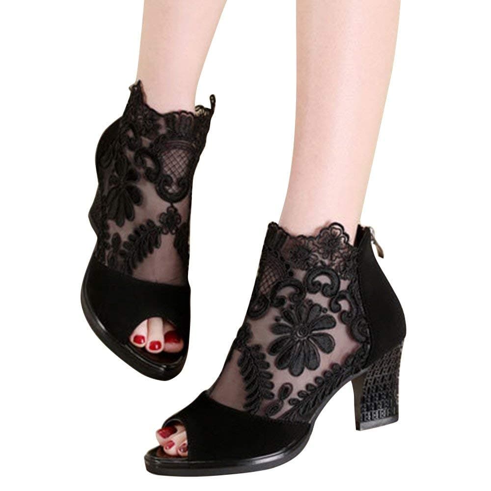 Xiakolaka Women's Pretty Lace Flowers Open Toes Sandals High Heels Ankle Boots Black