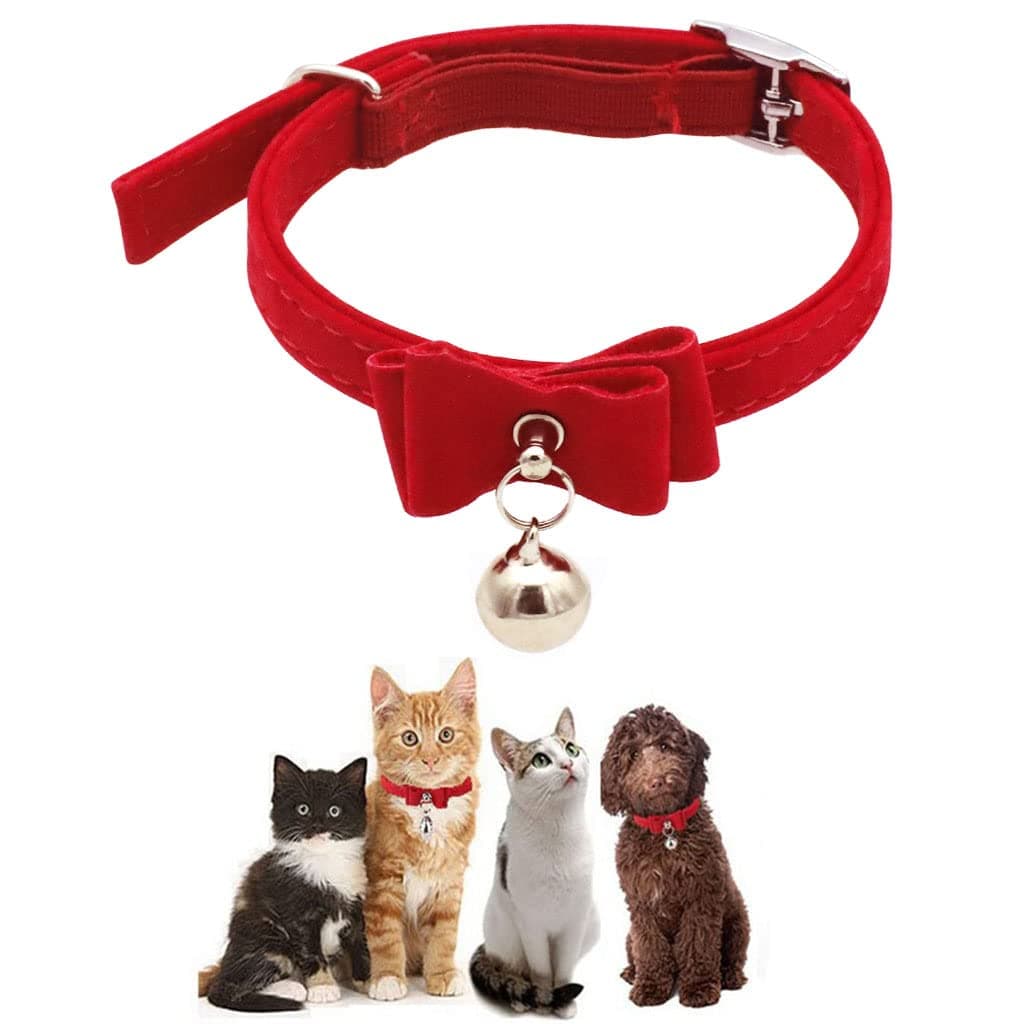 Adjustable Cat Belt, Strong Breakaway Buckle, Cat Collar With Bell, Velvet Neck Strap for Small and medium-sized Cats, Safety&Comfort 33.5CM - Red (Pack of 1)