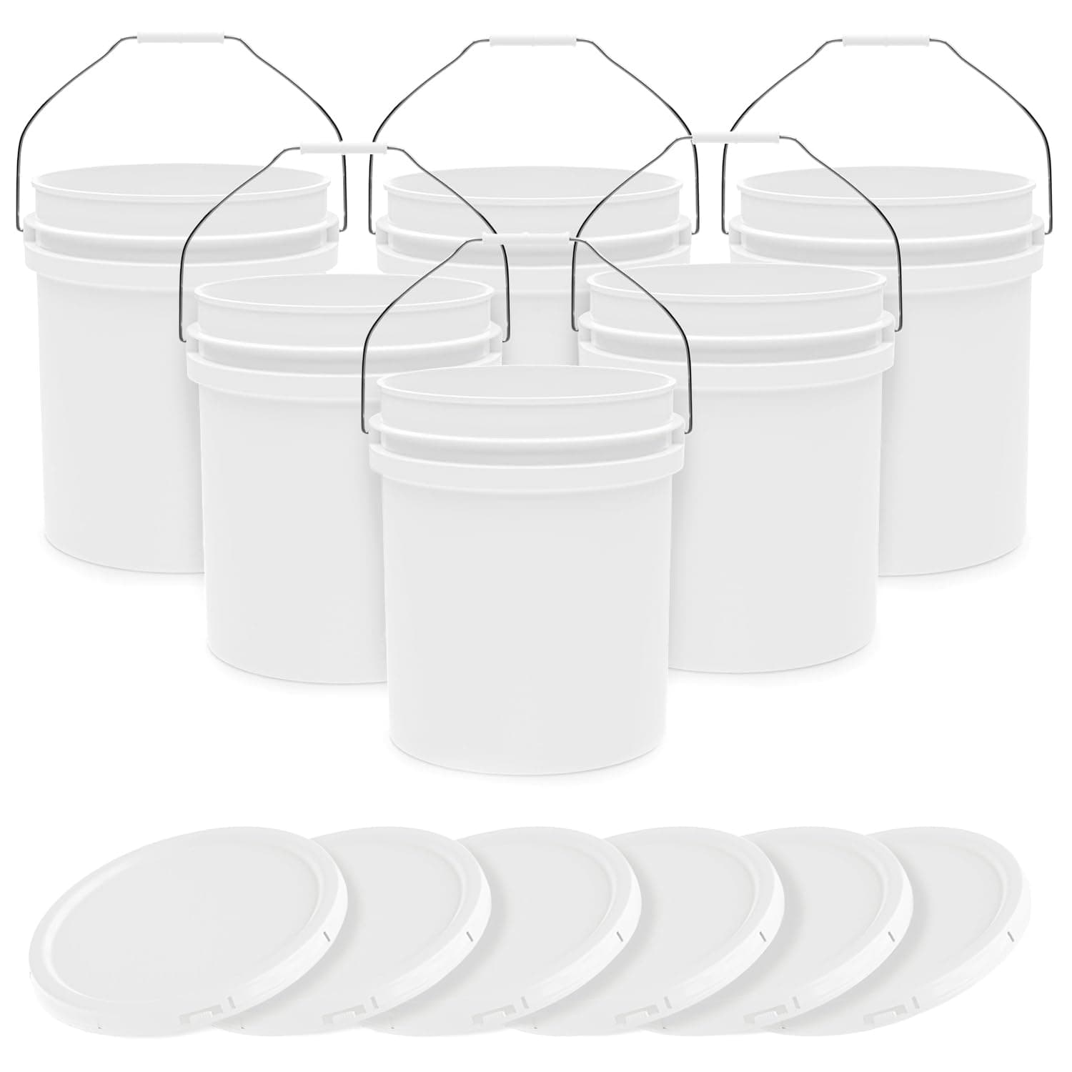 5-Gallon White Bucket Pail Container with Lid | Food Grade | Heavy-Duty 90MIL Extra Durable | Metal Handles with Plastic Grip for Easy Carrying | Multi-Use | Easy Stack and Store | BPA Free - 6 Pack