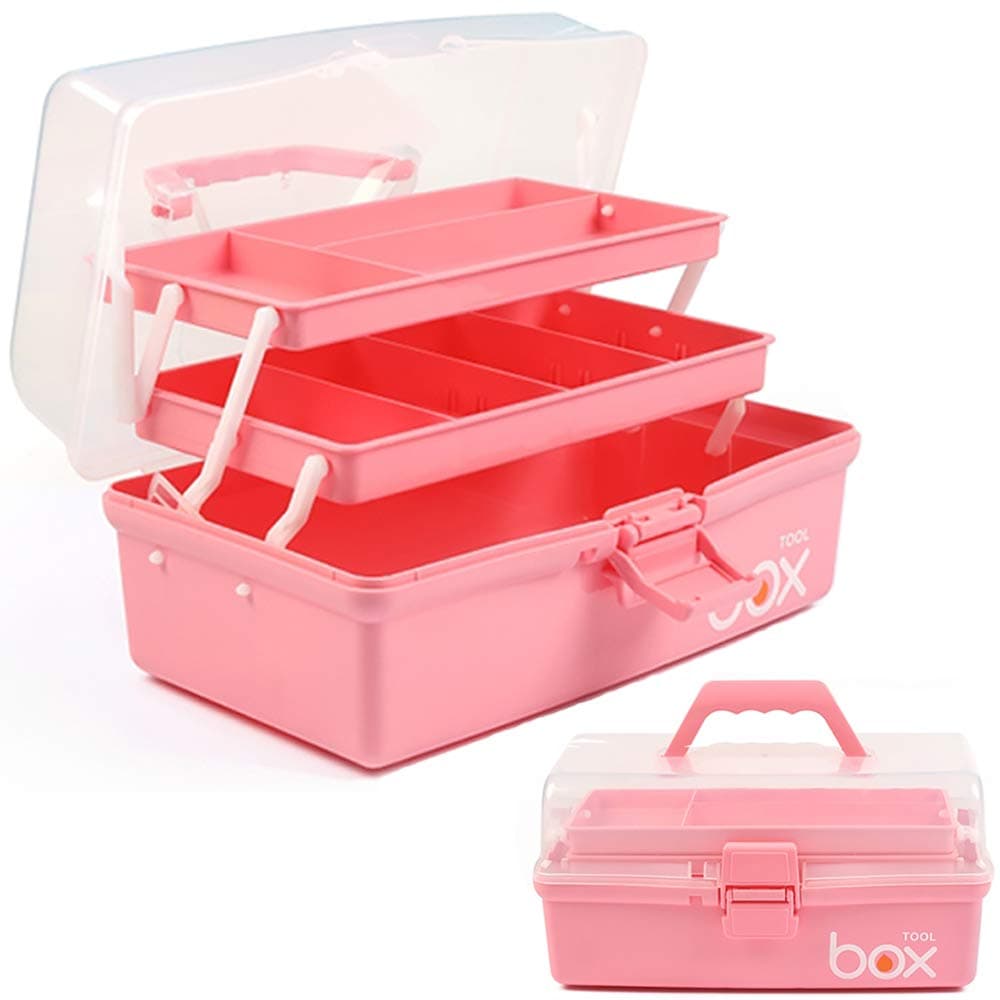 12in Three-Layer Multipurpose Storage Box Organizer Folding Tool Box/Art & Crafts Case/Sewing Supplies Organizer/Medicine Box/Family First Aid Box with 2 Trays (Pink)