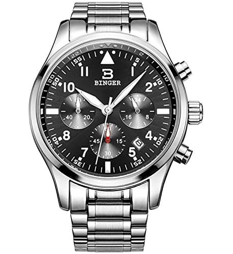 BINGER Mens Date Sports Stopwatch Chronograph Watches Easy Reader Luminous Numeral Stainless Steel