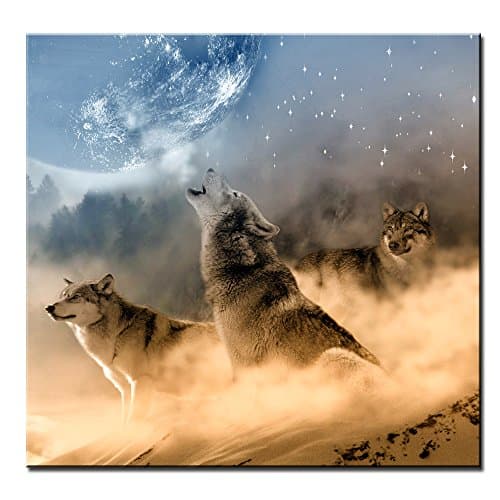 DVQ ART Framed Wolf Canvas Wall Art Print Painting Modern Three Howling Wolves in Forest Wall Art Picture Artwork for Living Room Decor Ready to Hang 1 Pcs