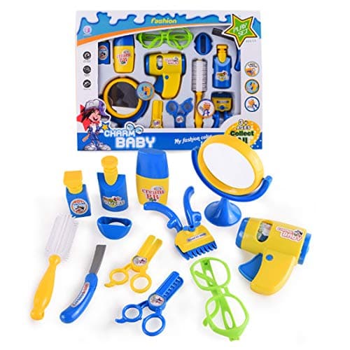 WOLFBUSH 12Pcs Pretend Play Toy Emulational Toy Kit Electric Hair Dryer Barber Tools with Sound and Light for Children