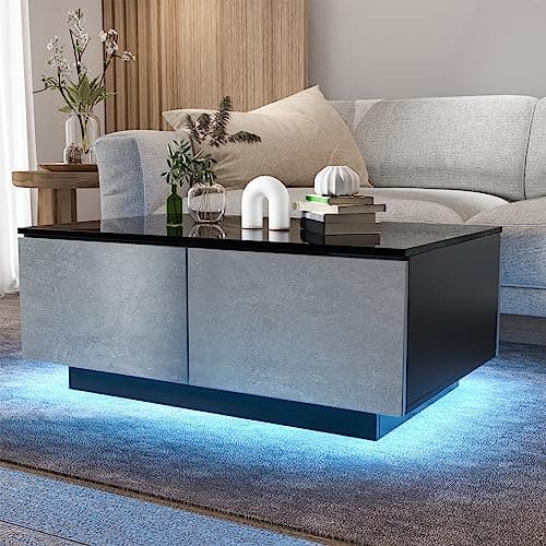 HOMMPA LED Coffee Table for Living Room with 4 Drawers High Glossy Modern Center Table with Storage Sofa Side Cocktail Table with 16 Colors LED Lights Grey and Black