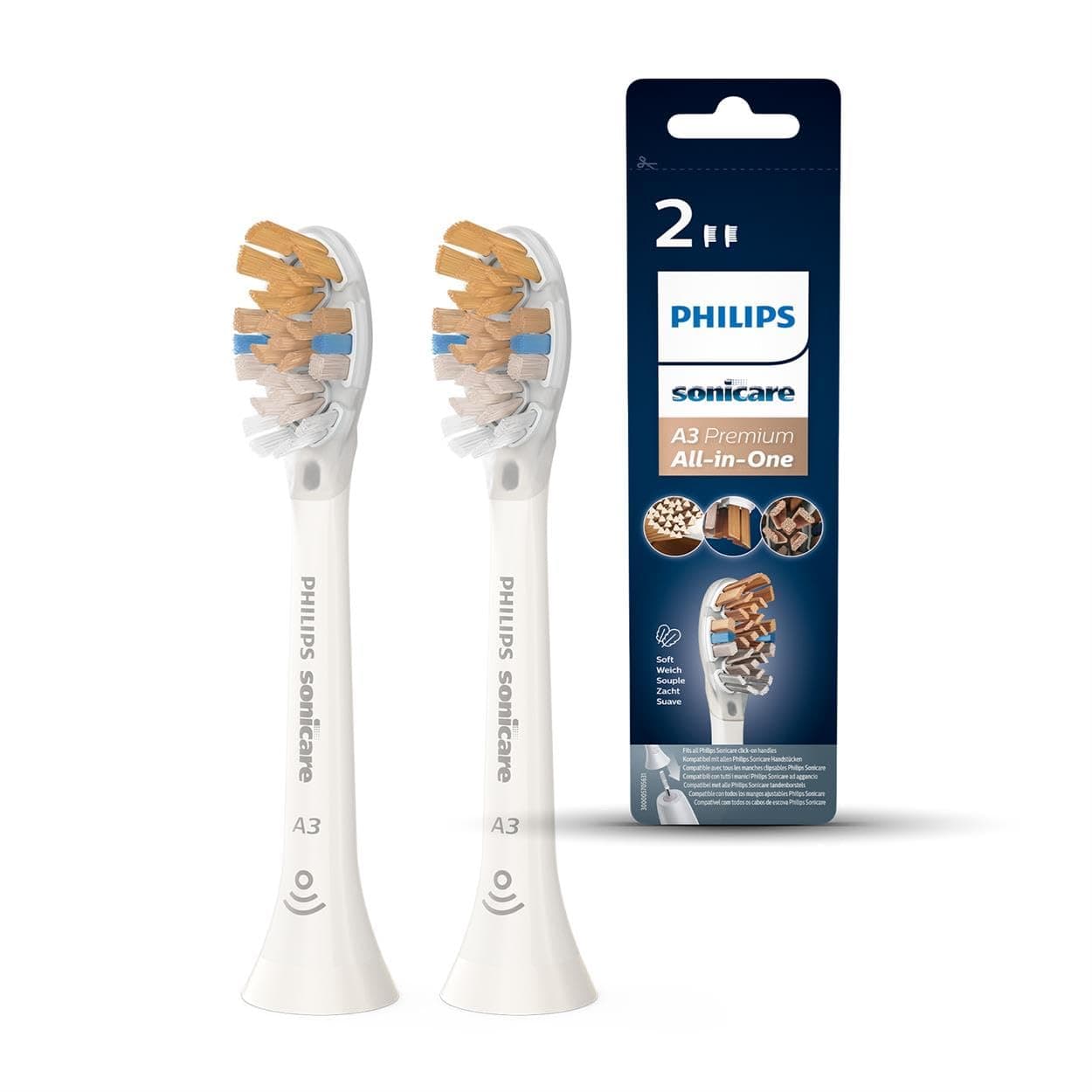 Sonicare Original A3 Premium All-in-One Standard Sonictoothbrush Heads - 2 Pack in White (Model HX9092/10)