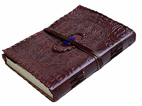 Handmade Vintage Leather Journal - Leather Diary Planner Sketchbook Embossed With Celtic Blue Lapis Lazuli - String Closure - 8” 120 Leaf Refillable Journal