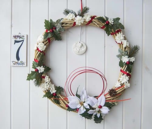 1-of-a-kind modern design Christmas wreath, Italian Christmas wreath with poinsettia and berries, unique Italian design Holidays wreath, modern design Holidays wreath with snow flakes and medallion