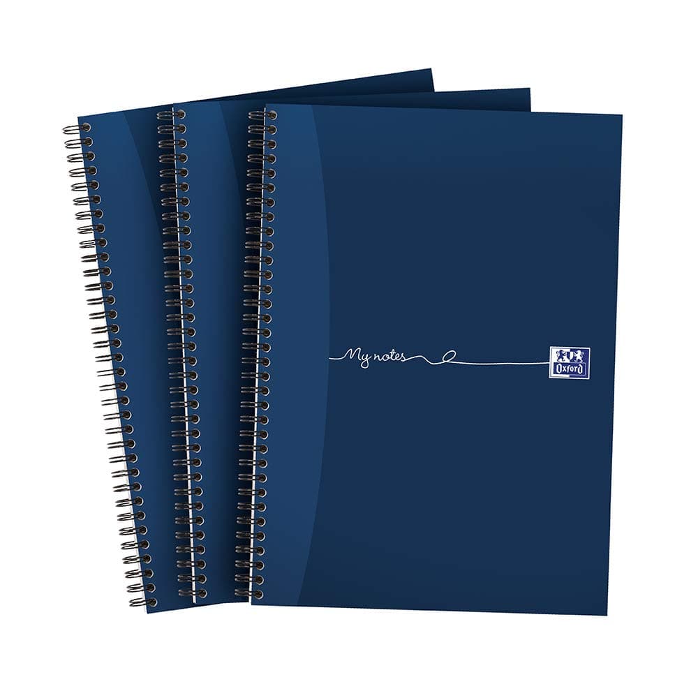Oxford My Notes A4 Notebook, Wirebound, 8 mm Lined with Margin, 200 Page, Pack of 3, Perforated Edge, Optik Paper+, Navy