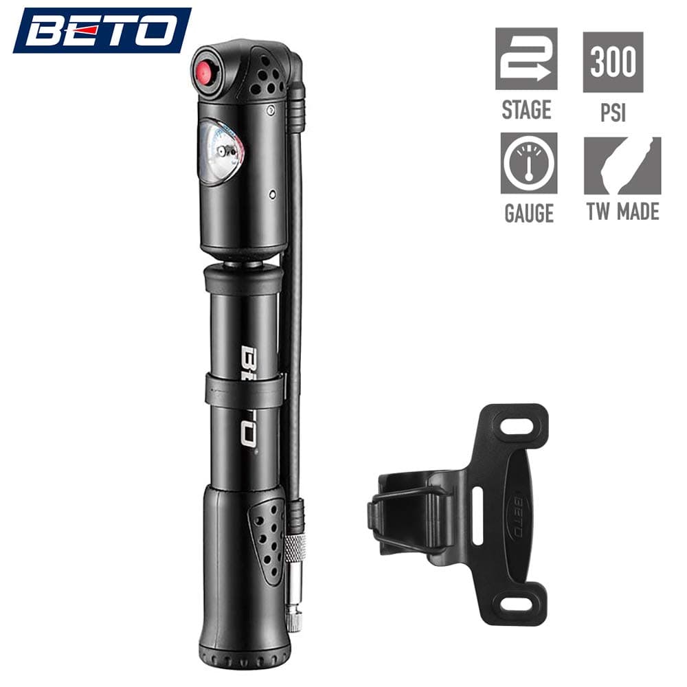 Beto 2 in 1 Shock Tire 2-Stage Mini Pump, High Pressure 300 Psi / 21 Bar for Presta, Schrader Mountain Bike Road Bicycle- Mounting Bracket Included