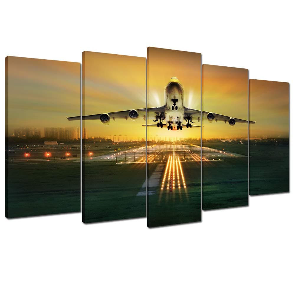Sunset Airport Canves Print Picture for Living Room or Office Decoration Stretched XLarge 5 Panels Painting Wall Art Print on Yellow Canvas- High Definition Modern Home Decor