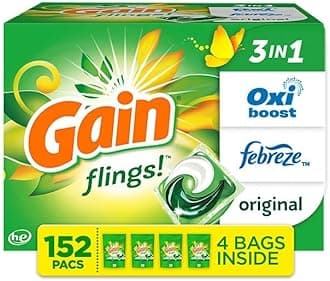 Gain flings! Liquid Laundry Detergent Soap Pacs, HE Compatible, 4 Bag Value Pack, 152 Count, Long Lasting Scent, Original Scent