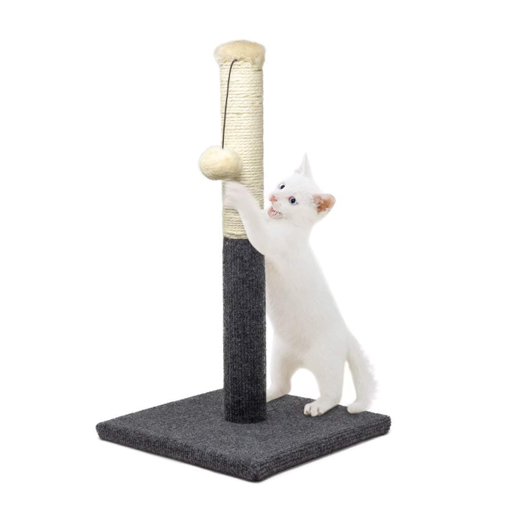 Cat Scratching Post - Indoor Cat Scratch Post Tower With Hanging Ball Toy, Carpet Board Base, Natural Sisal Rope - Perfect For Small Homes - Scratching Post, Grey & White 35x35x51cm