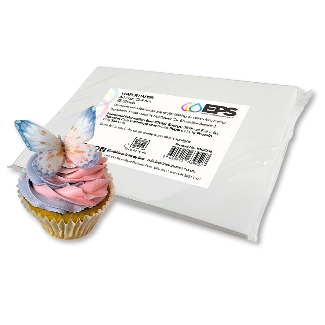 EPS A4 Wafer Paper (25 Pack) for Edible Printing and Cake Decorating (0.4mm) - Plain White A4 Edible Wafer Sheets (Rice Paper), Unsweetened and Tasteless, Vegan & Vegetarian