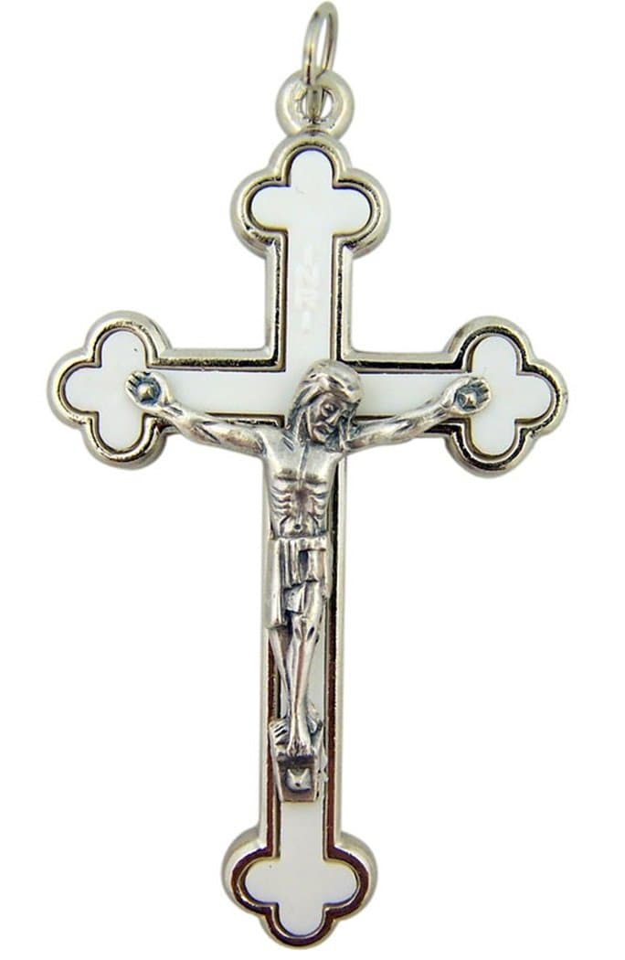 Religious Art Silver Tone with White Enamel Budded Cross Crucifix Pendant, 2 1/2 Inch