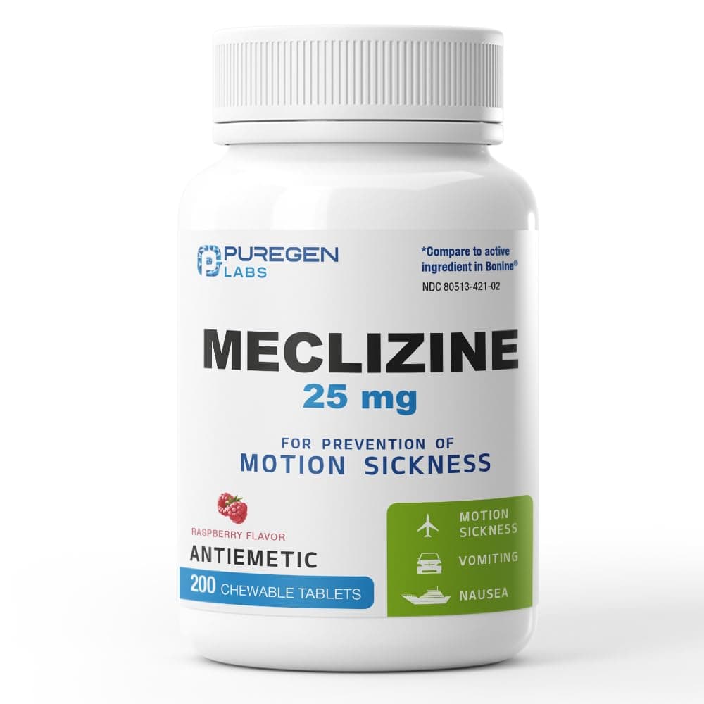 Puregen Labs Meclizine 25 mg Antiemetic 200 chewable Tablets | Motion Sickness Relief - Prevent Nausea, Vomiting, and Dizziness | Dairy Free | Value Pack – 200 chewable Tablets